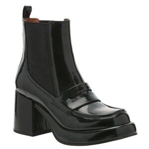 Madden Girl Black Patent Leather Boots Deardra Pull On Chunky Heel Chelsea  7